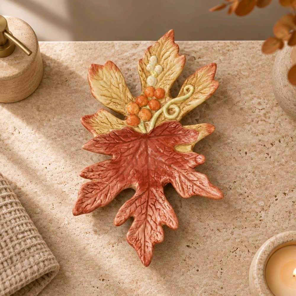 Fitz and Floyd Essentials Autumn Fields Leaf Dish Ceramic Glossy Red/Green